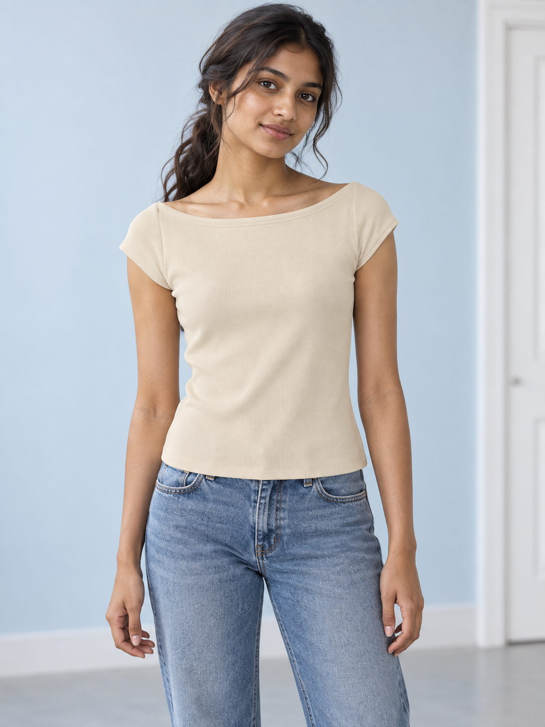 Essential Wide Neck Baby T-Shirt in Light Apricot, women model front view