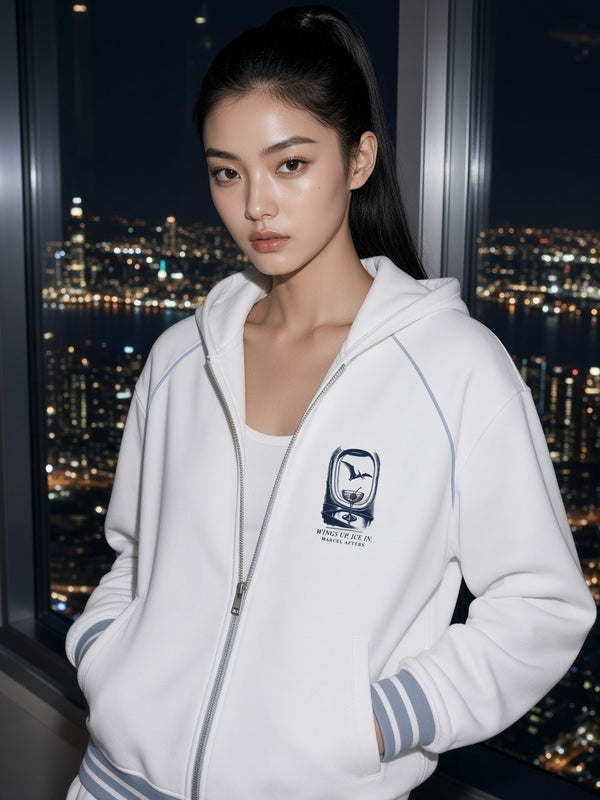 Wings Up. Ice In Striped Trim Zip-Up Hoodie