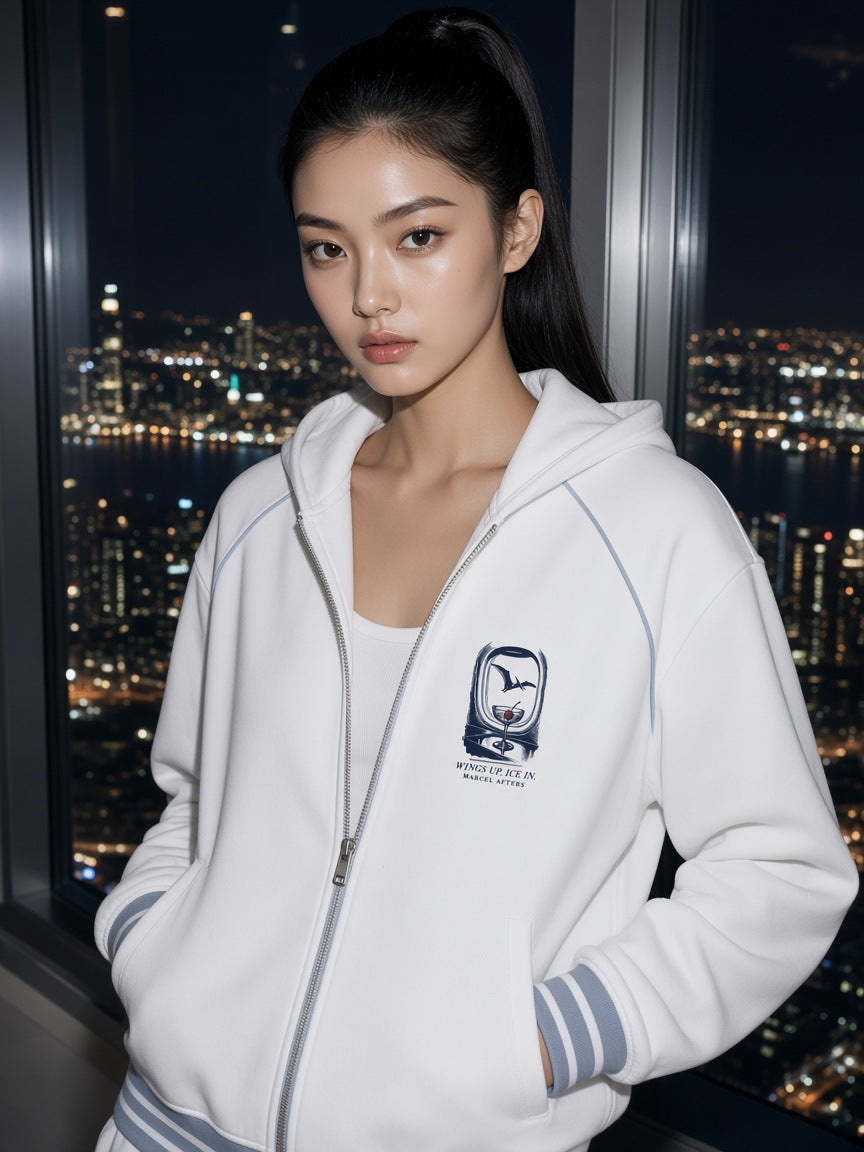 Wings Up. Ice In Striped Trim Zip-Up Hoodie