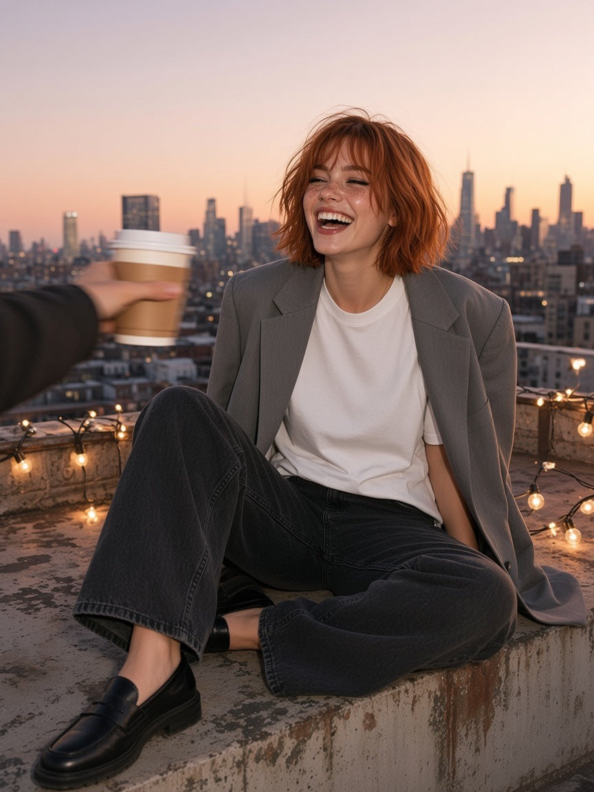 Woman in the Women's Essential Heavyweight Cotton T-Shirt in White standing on a rooftop over the Hudson in New York in the morning