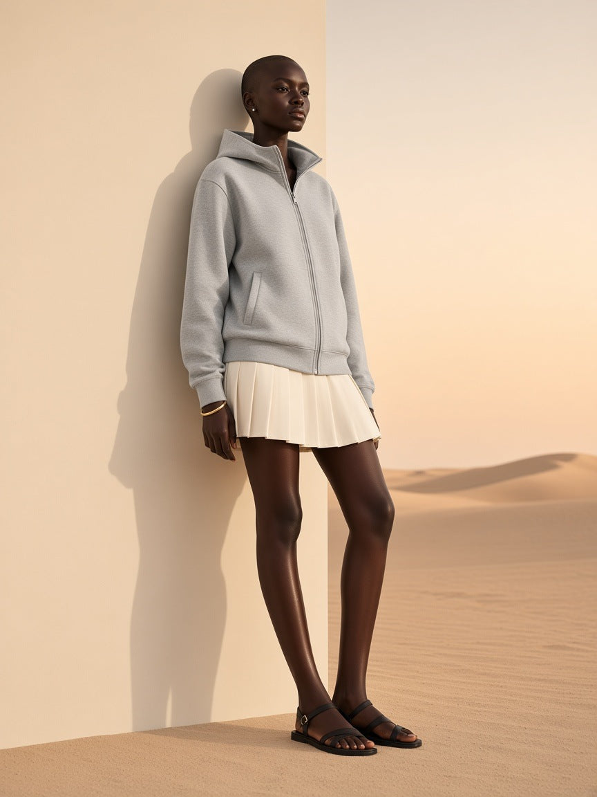 Woman in the Women's Essential Heavyweight High Neck Zip-Up Hoodie in Flower Gray with an ivory mini skirt, against a sand-toned villa wall in Dubai
