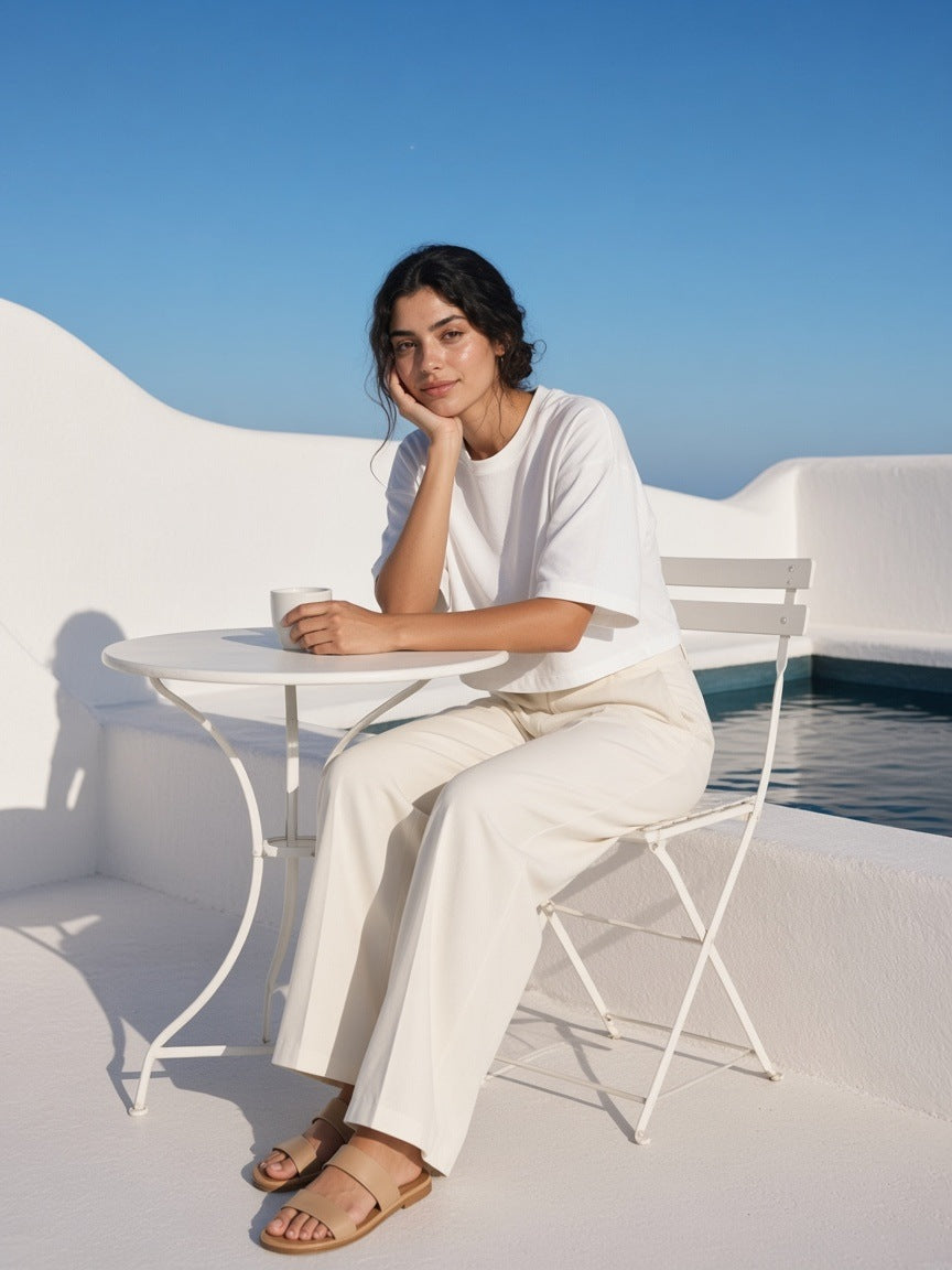 Woman in the Women's Heavyweight Boxy T-Shirt in White on a whitewashed rooftop terrace in Mykonos in the morning