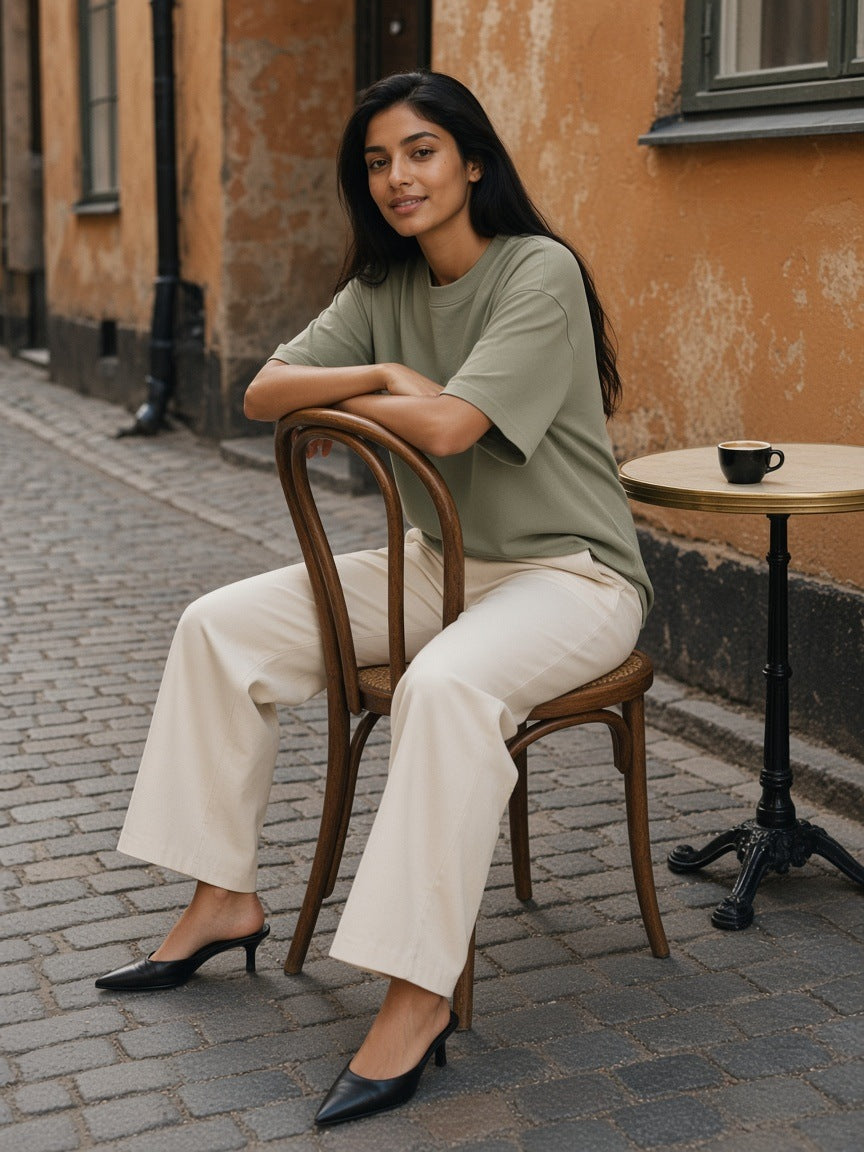 Woman in the Women's Heavyweight Drop Shoulder T-Shirt in Grey Green with cream wide trousers and kitten mules, on a café chair in Gamla Stan, Stockholm by day