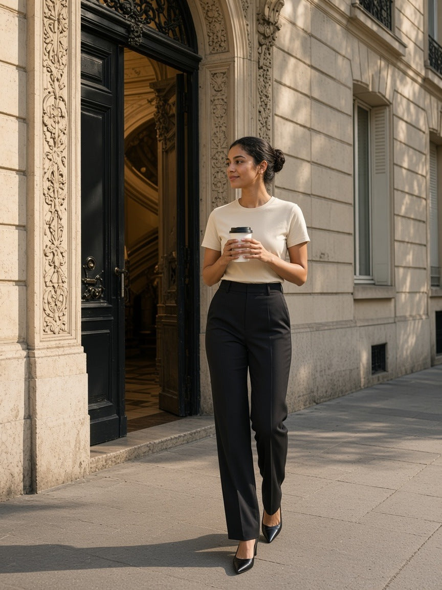 Woman in the Women's Heavyweight Earth Tone T-Shirt in Milk Tea at a Haussmann doorway in Paris in the morning