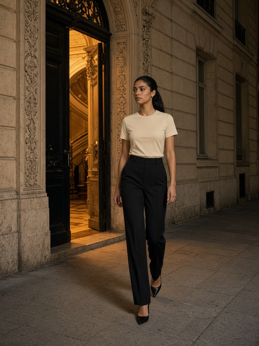 Woman in the Marcel Afters Women's Heavyweight Earth Tone T-Shirt in Milk Tea at a Haussmann doorway in Paris at night