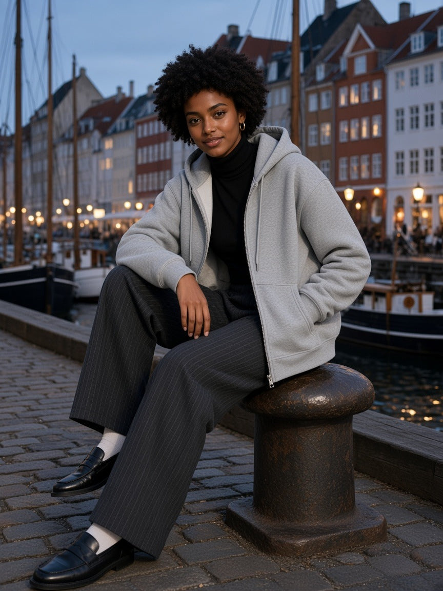 Woman in the Women's Heavyweight Full Zip Boxy Hoodie in Flower Gray over a black turtleneck with pinstripe trousers, sitting on a bollard on a Copenhagen canal quay at dusk