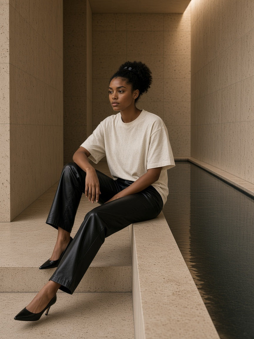Woman in the Women's Heavyweight Mineral Wash Boxy T-Shirt in White with black leather trousers, seated by a water channel in a travertine spa corridor by day