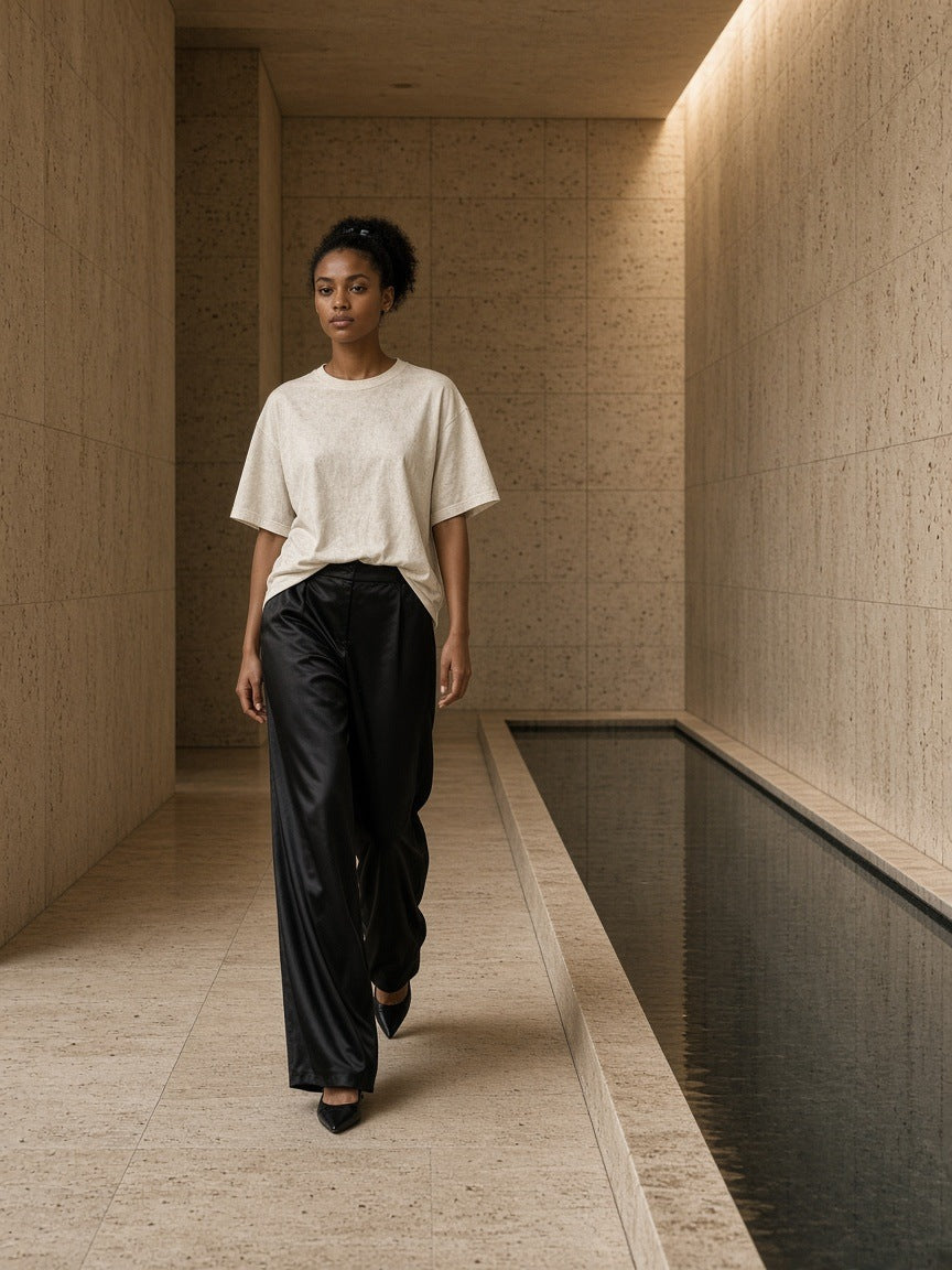 Woman in the Marcel Afters Women's Heavyweight Mineral Wash Boxy T-Shirt in White in a travertine hotel spa corridor