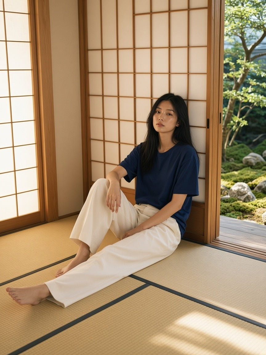 Woman in the Women's Oversized T-Shirt in Navy Blue in a ryokan tatami room in Kyoto in the morning