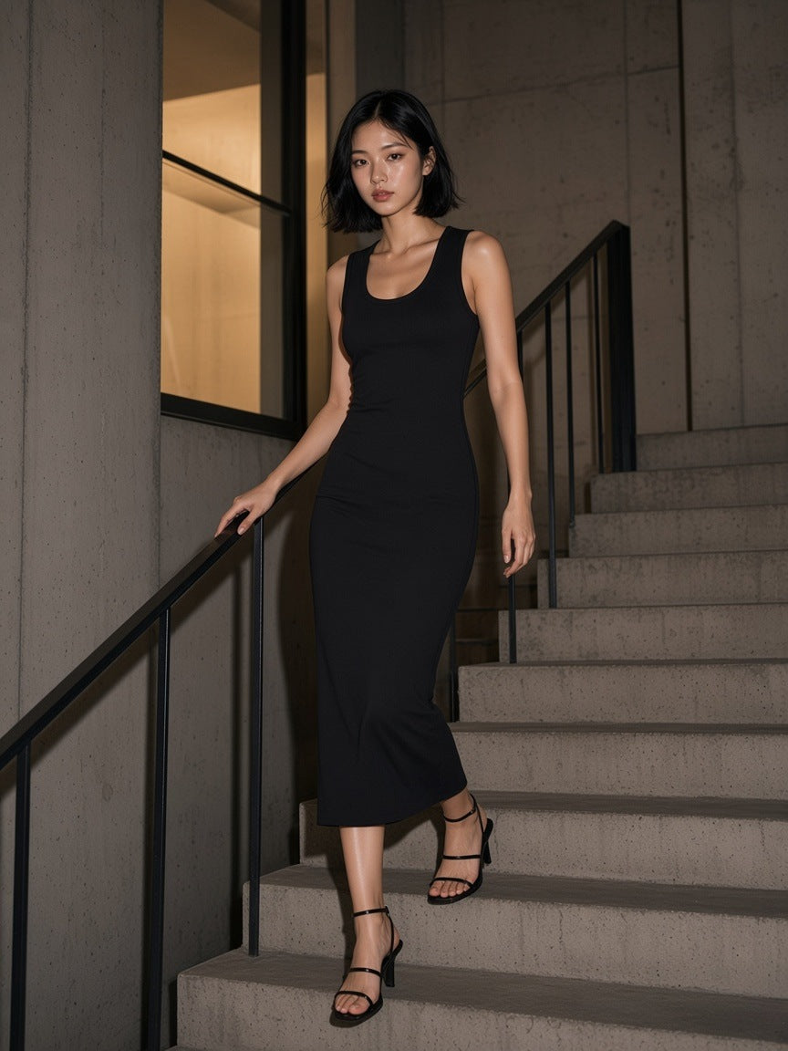 Woman in the Slim Sleeveless Dress in Black coming down a concrete gallery stair in Hannam-dong, Seoul at night