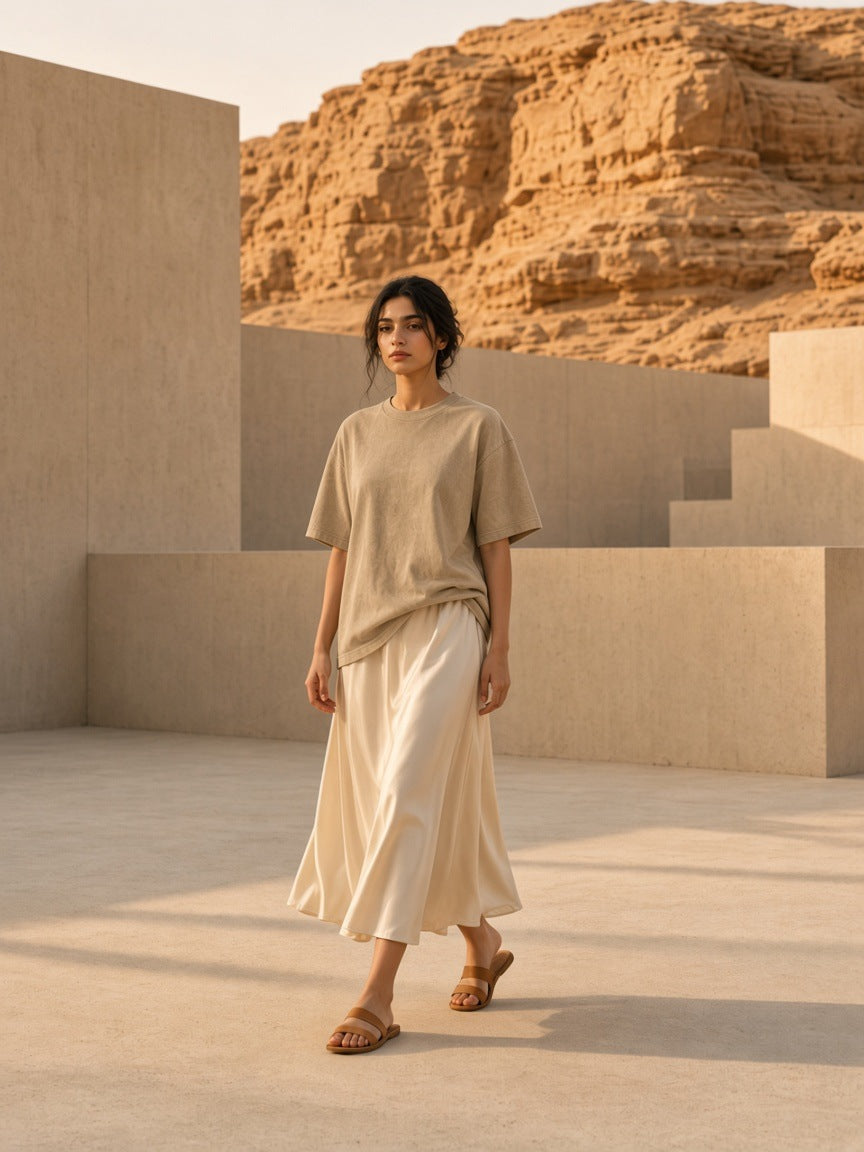 Woman in the Marcel Afters Women's Snow Washed Heavyweight Oversize T-Shirt in Khaki in a desert-modern concrete courtyard in Utah at golden hour