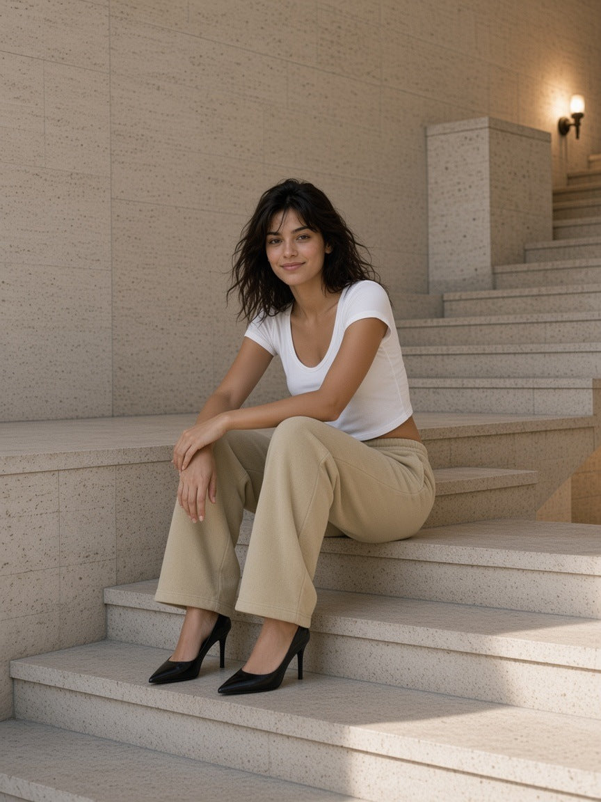 Woman in the Women's Tencel Baby T-Shirt in White sitting on a travertine palazzo stair in Milan in the morning