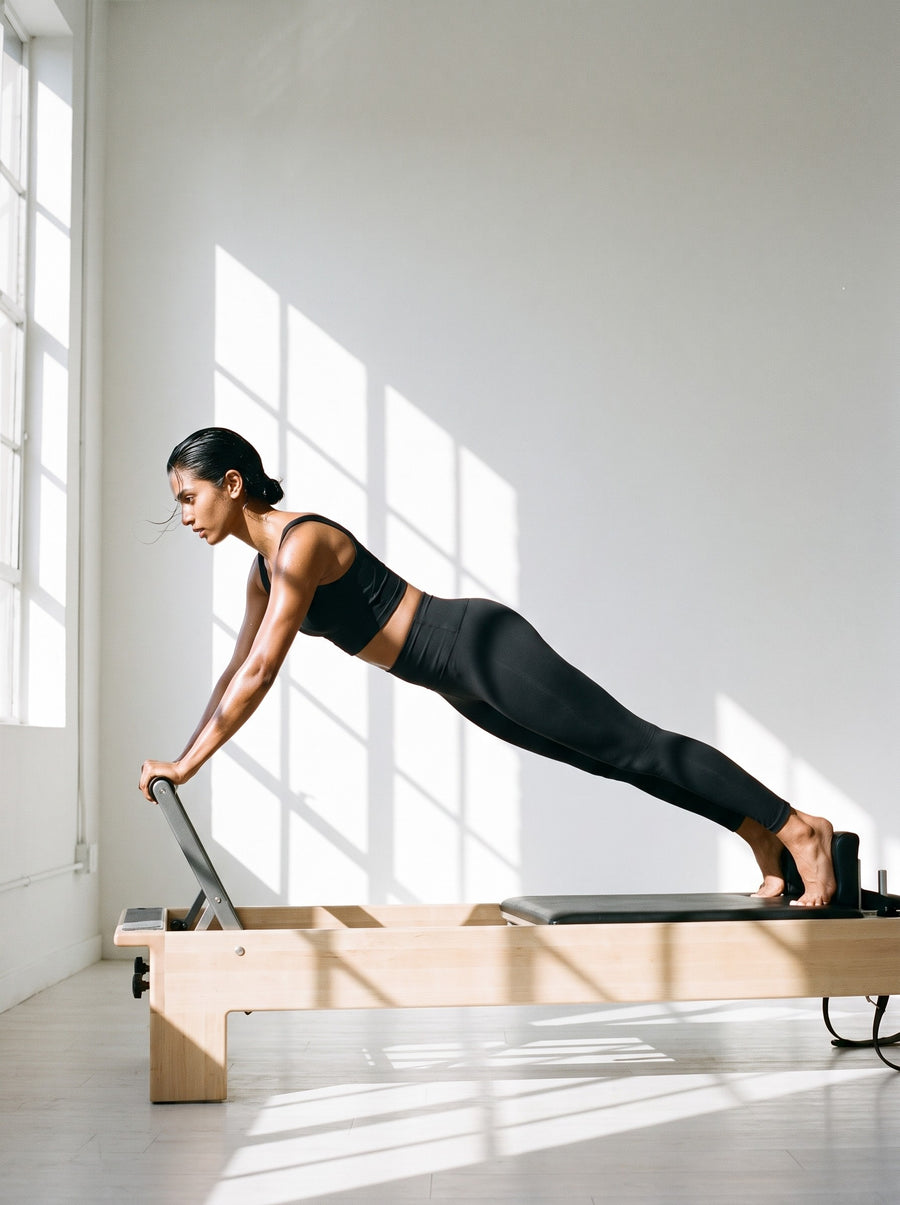 Woman in the Women's V-Neck Yoga Sports Bra in Black, holding a plank on a pilates reformer in a sunlit studio
