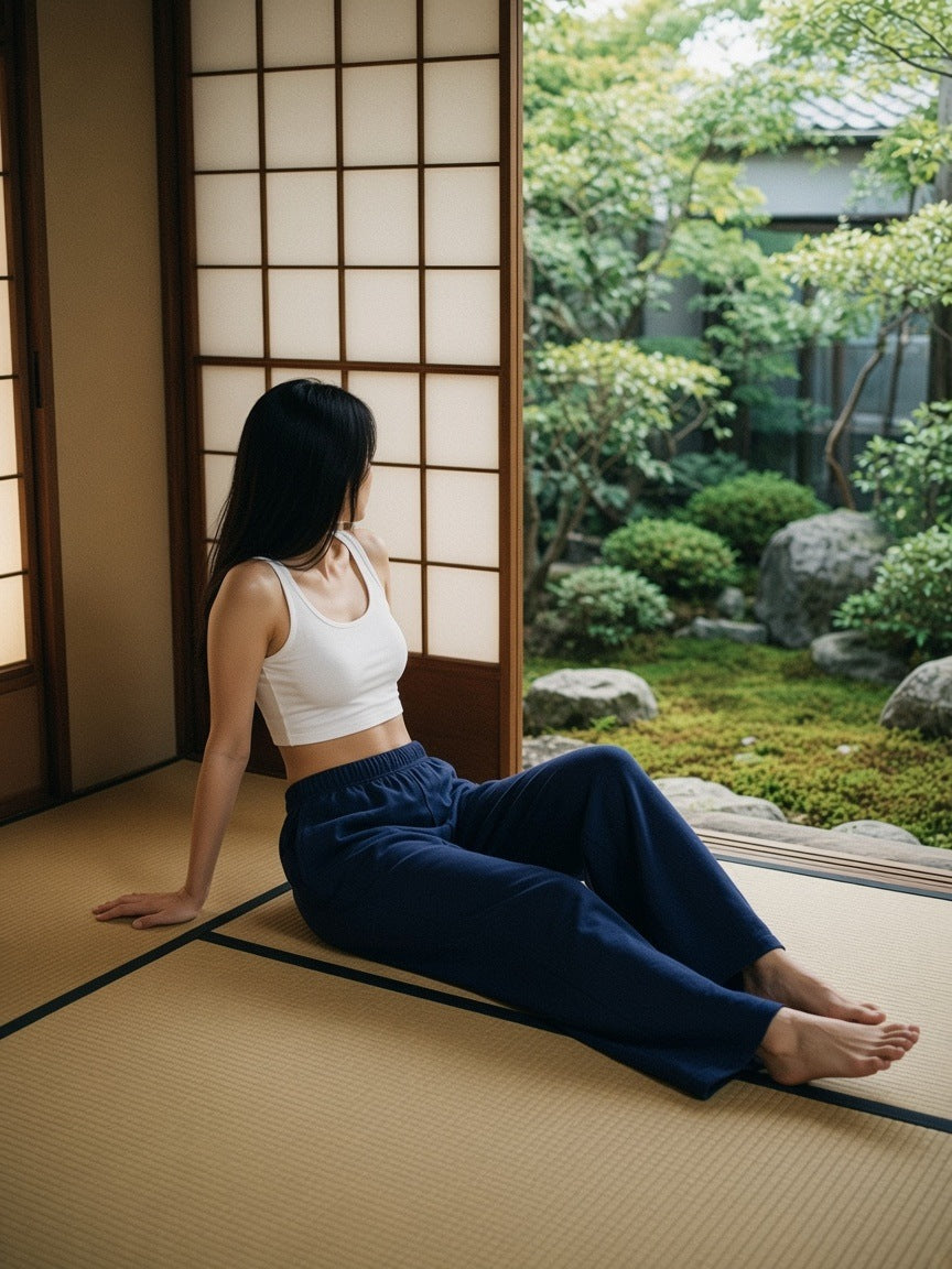 Woman in the Women's Wide Leg Sweatpants in Navy Blue sitting on tatami in a ryokan suite in Kyoto in the morning