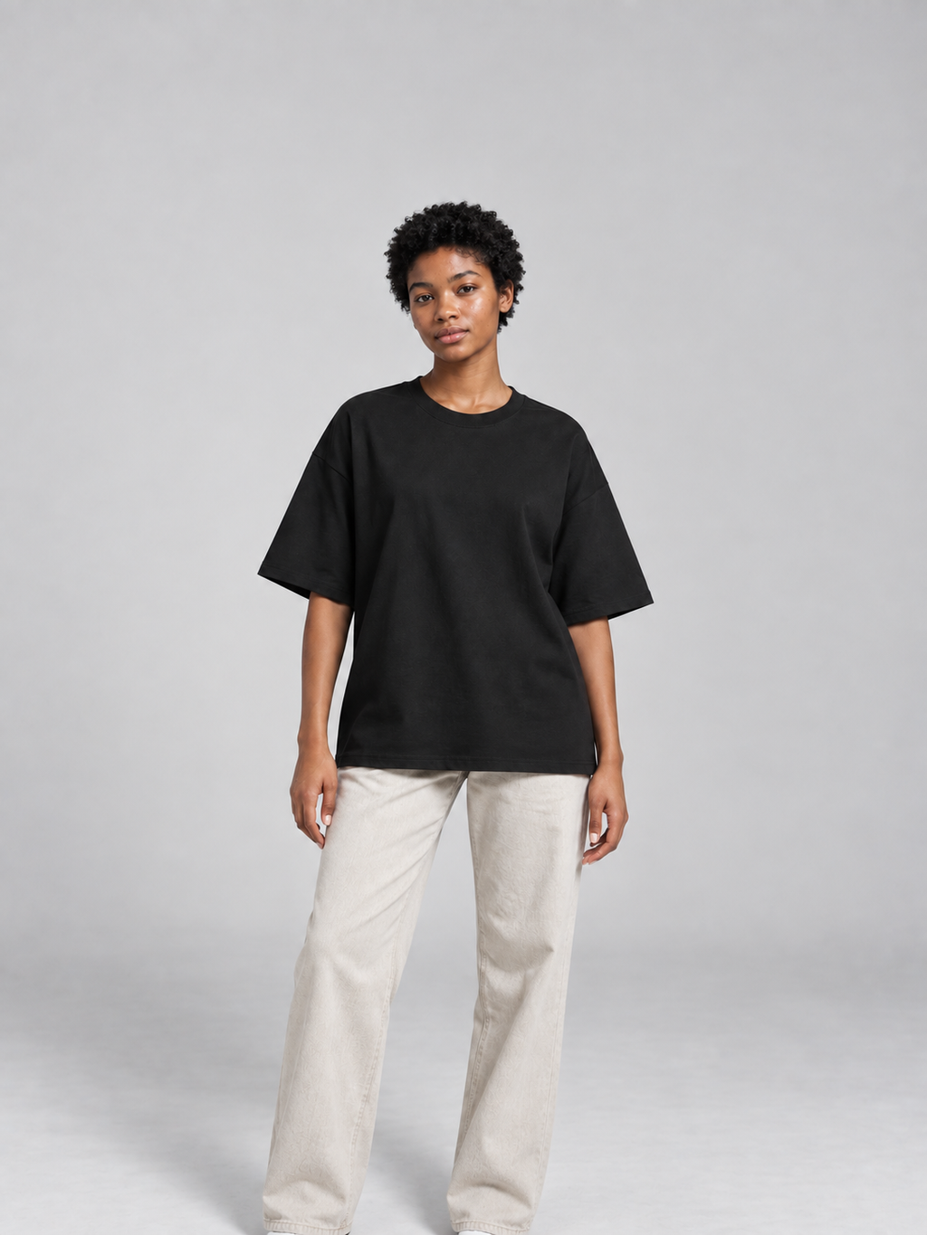 Women's Essential Heavyweight Cotton T-Shirt in Black, women model front view