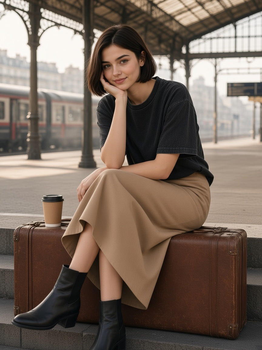 Woman in the Women's Heavyweight Mineral Wash Boxy T-Shirt in Black on a vintage suitcase under a Paris station canopy