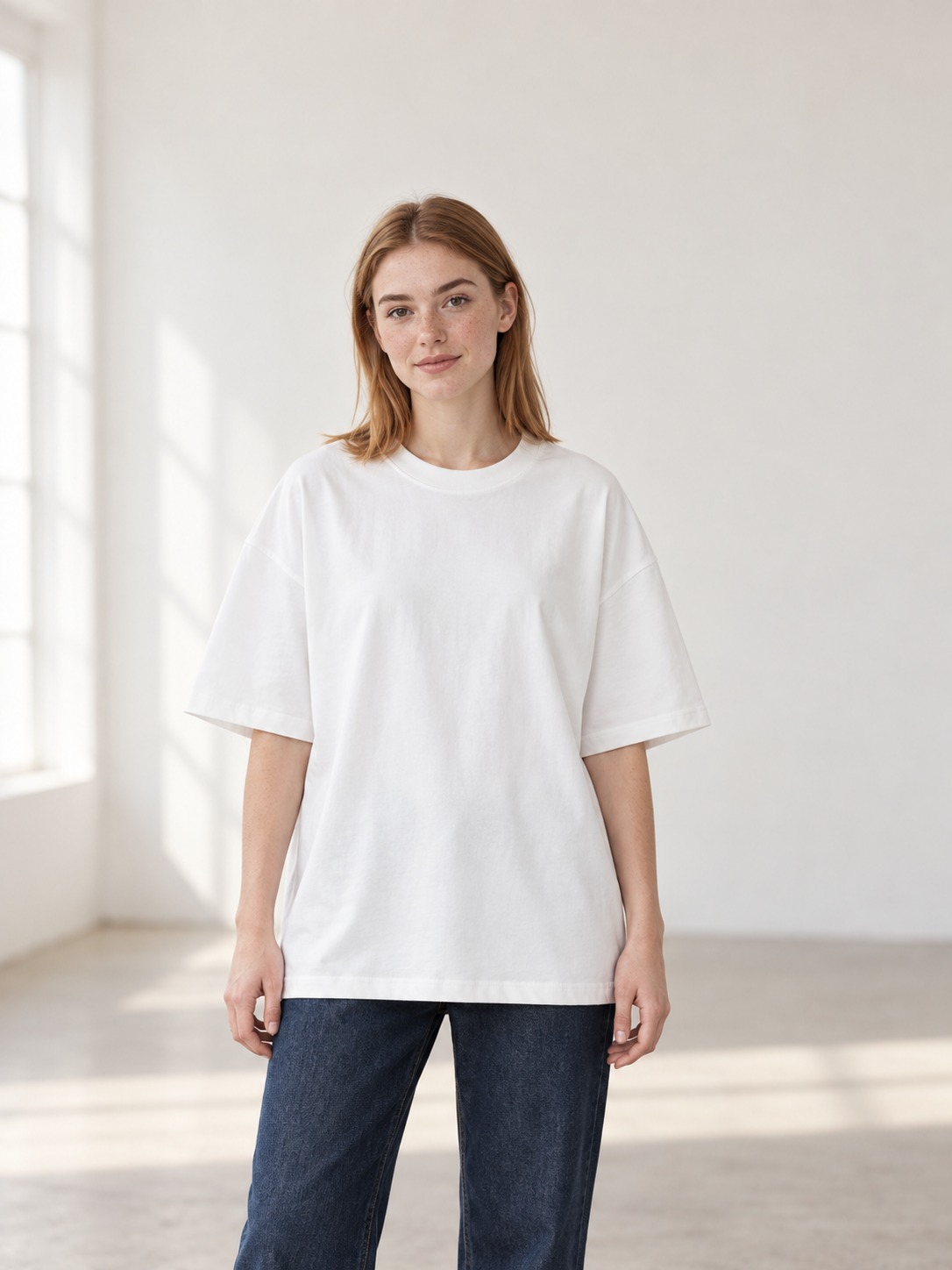 Women's Essential Heavyweight Cotton T-Shirt in White, women model front view