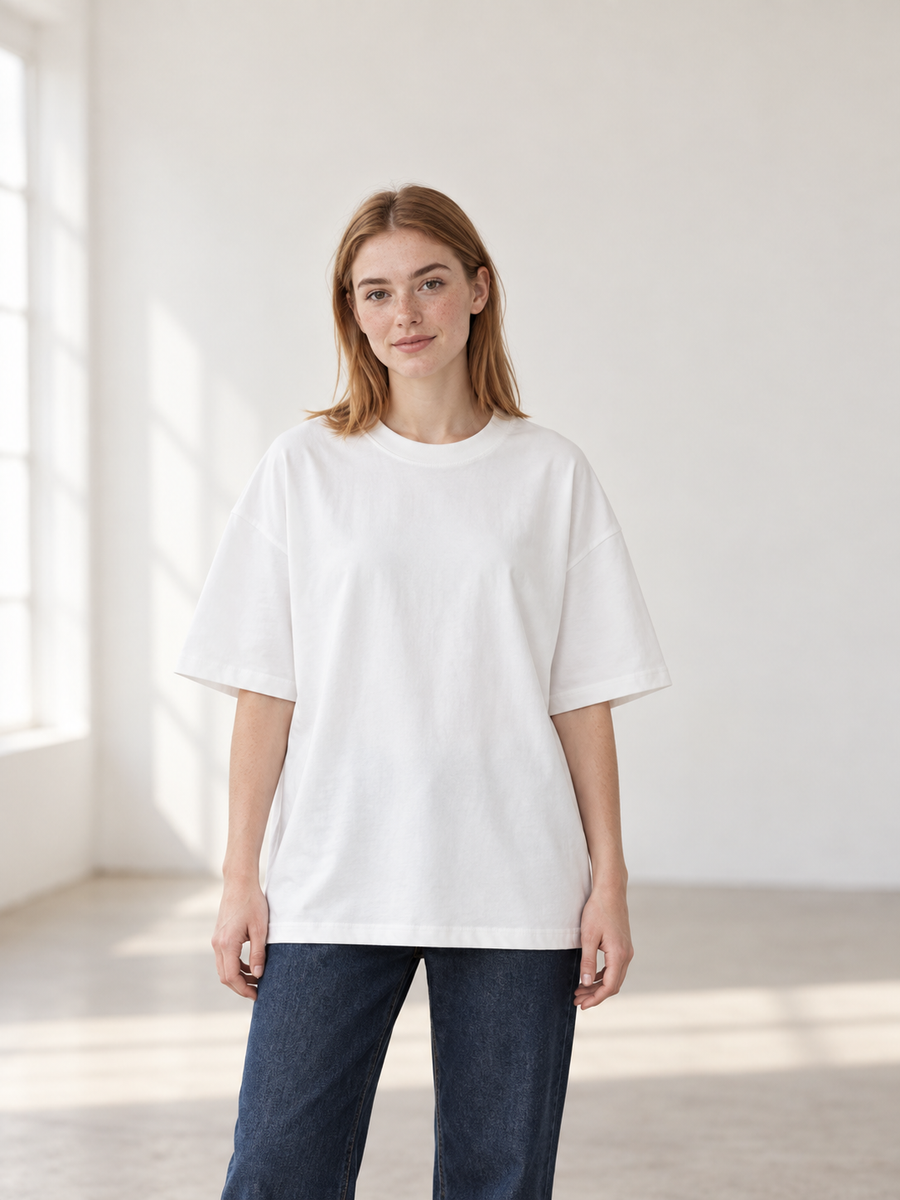 Women's Essential Heavyweight Cotton T-Shirt in White, women model front view