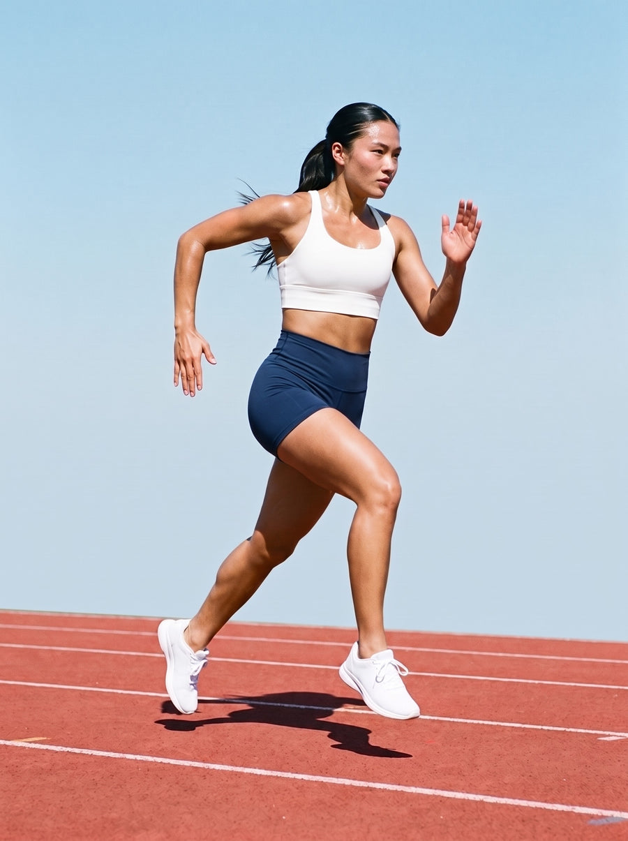 Marcel Afters Women’s High Rise Yoga Shorts in Navy Blue, worn by a woman, sprinting on a red running track in navy high-rise yoga shorts and a white sports bra