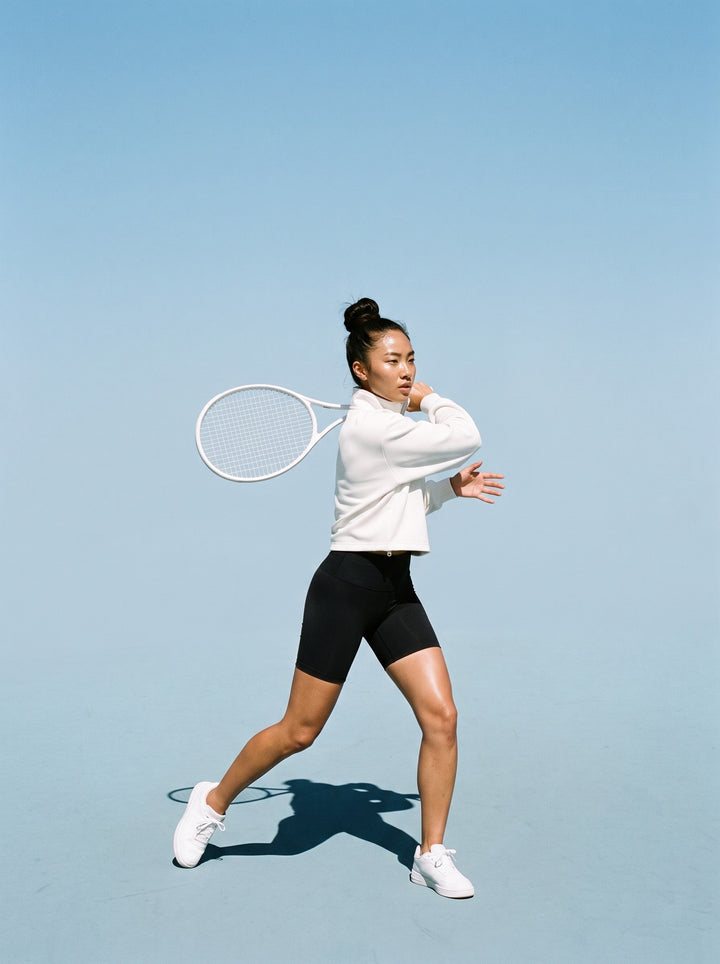 Woman in the Women's Mock-Neck Quarter-Zip Sweatshirt in White, finishing a forehand on a hard tennis court