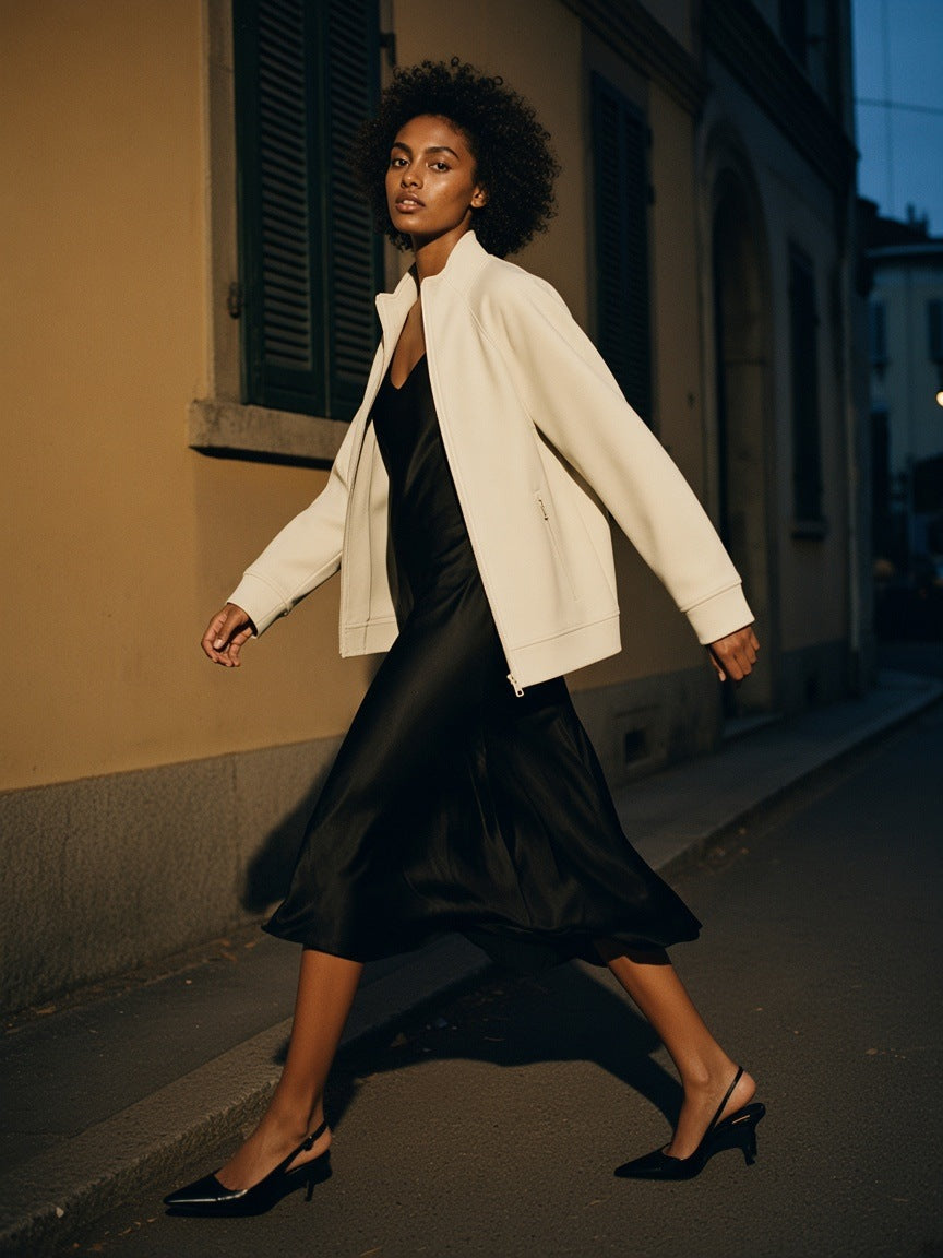 Woman in the Zip-Pocket Stand Collar Jacket in Light Camel, on a lamplit cobbled lane in Brera, Milan at night